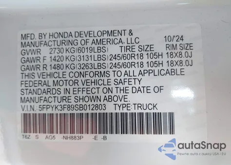 2025 Honda Ridgeline Black Edition z USA, uszkodzony, nr VIN 5FPYK3F89SB012803